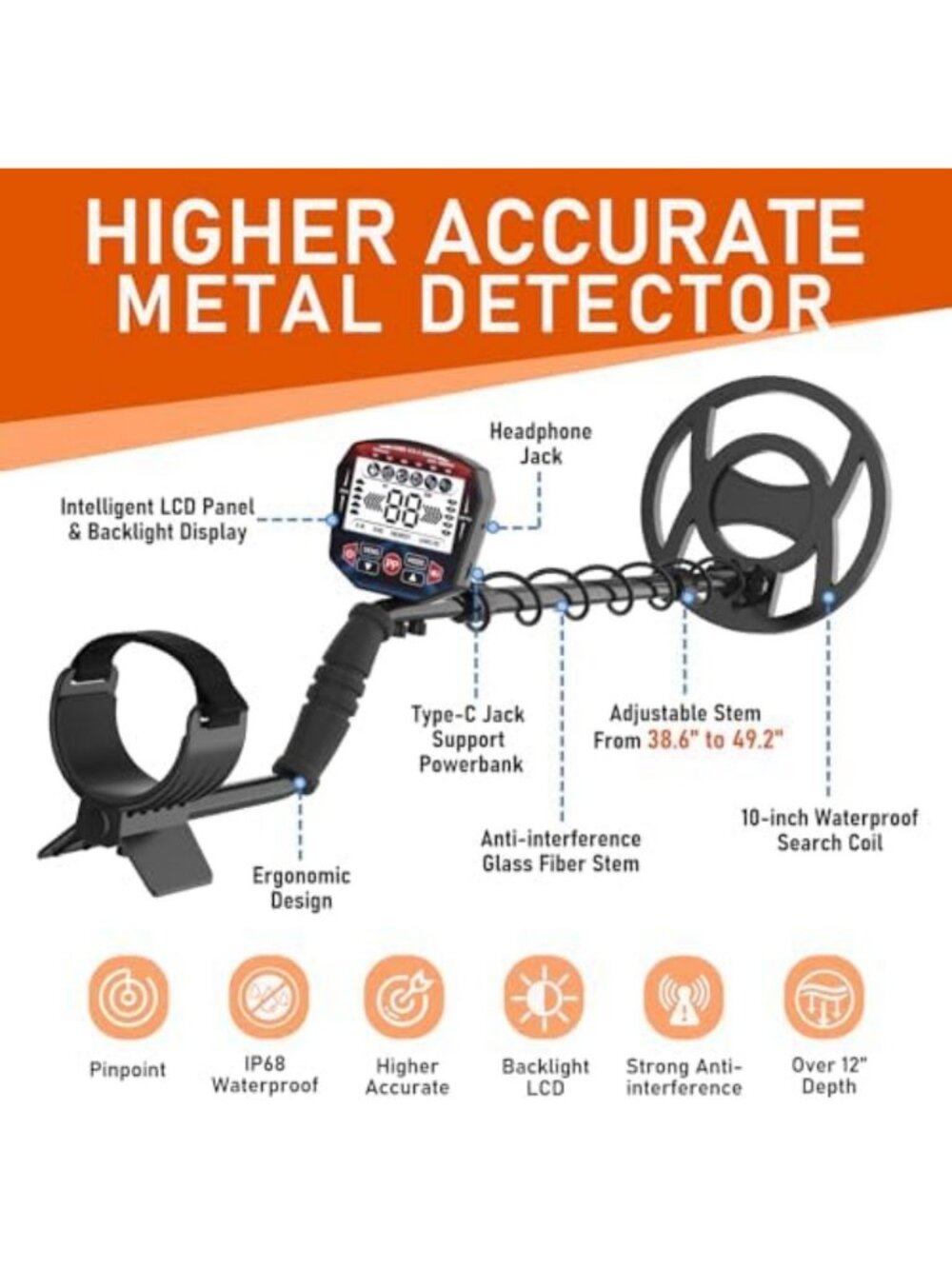 Professional Metal Detector for Adults, Waterproof 10" Coil, LCD Display, 5 - Picture 2 of 6
